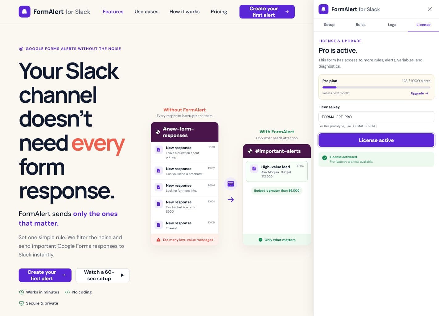 FormAlert configuration screen showing Webhook URL and message fields