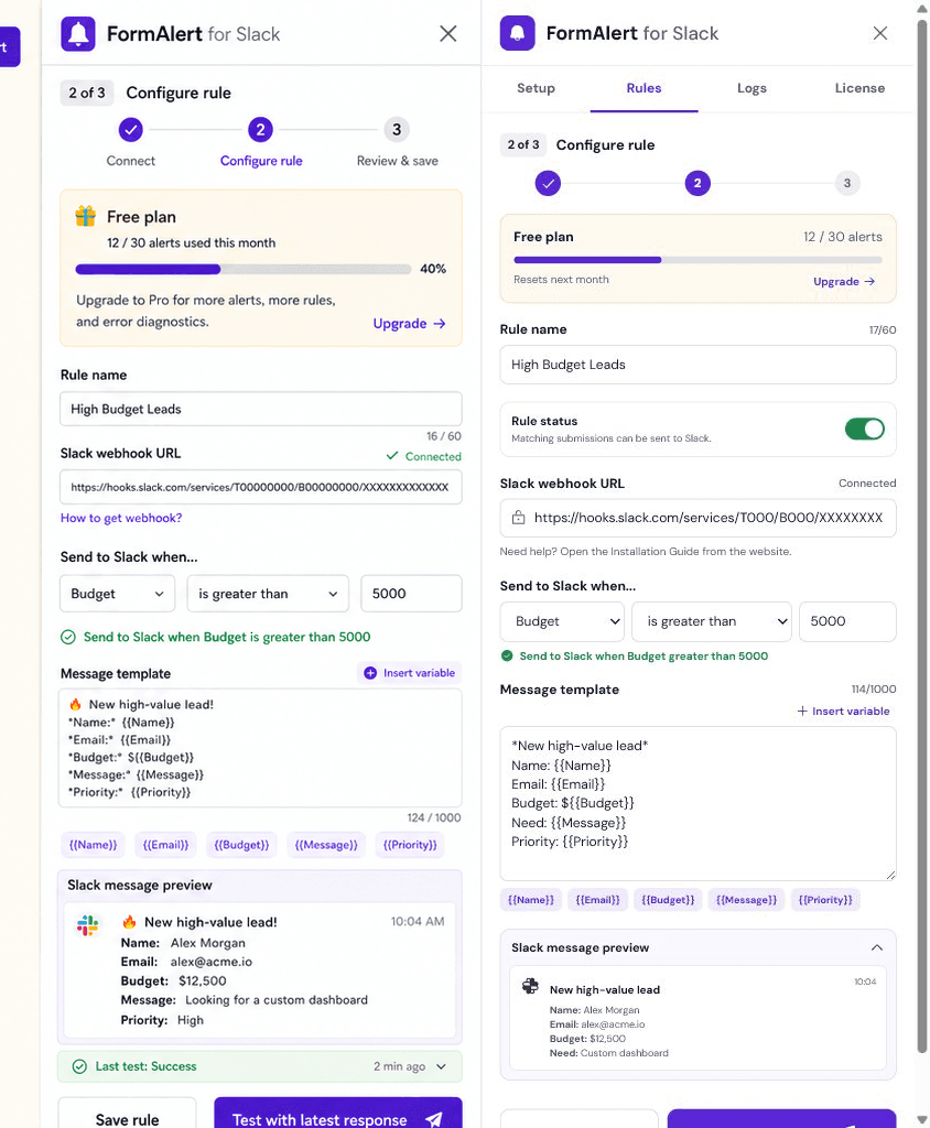 FormAlert rule editor inside the Google Forms Editor Add-on